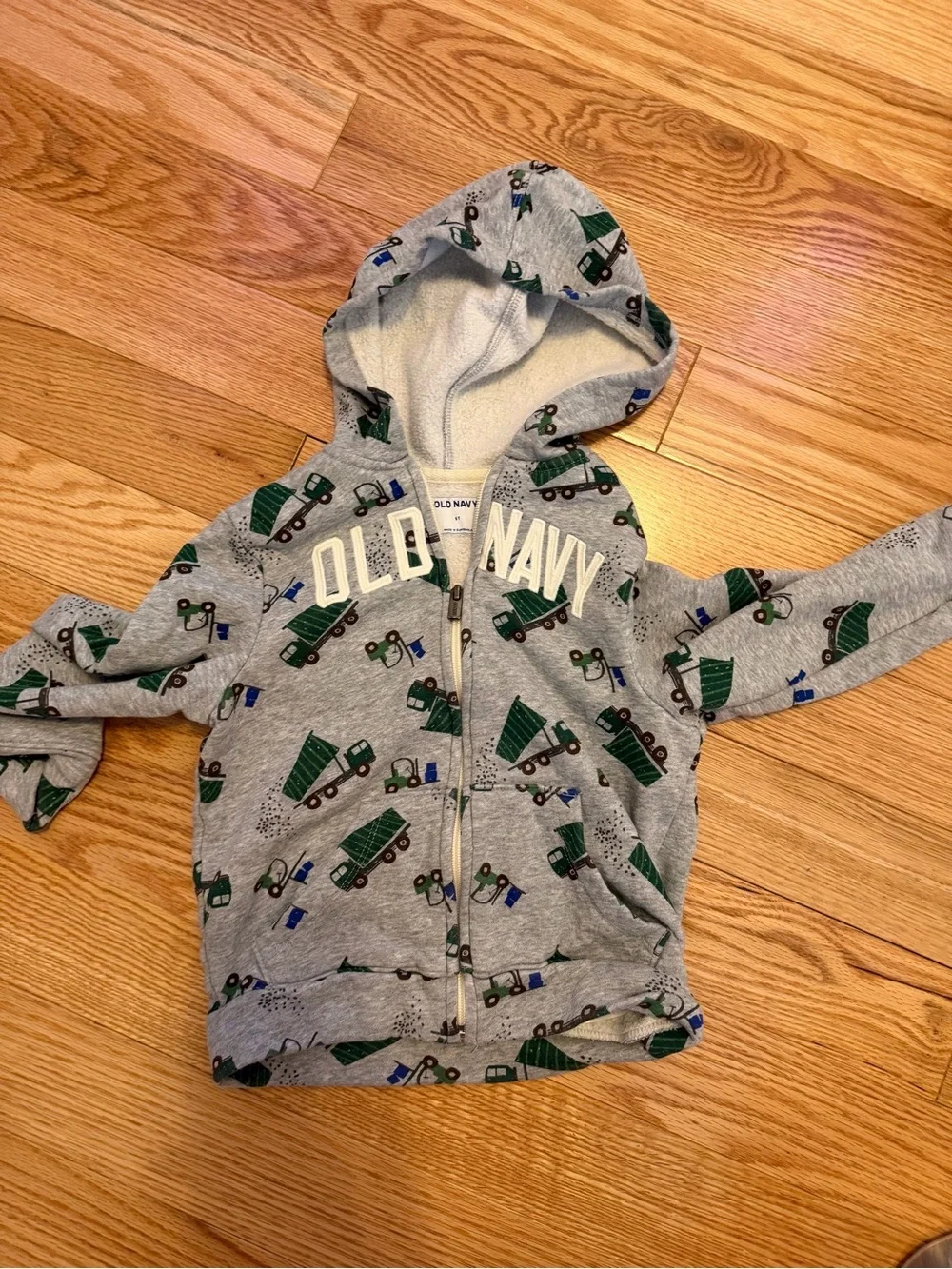 Old Navy Gray Hooded Zip-Up Sweatshirt with Green and Blue Truck Print